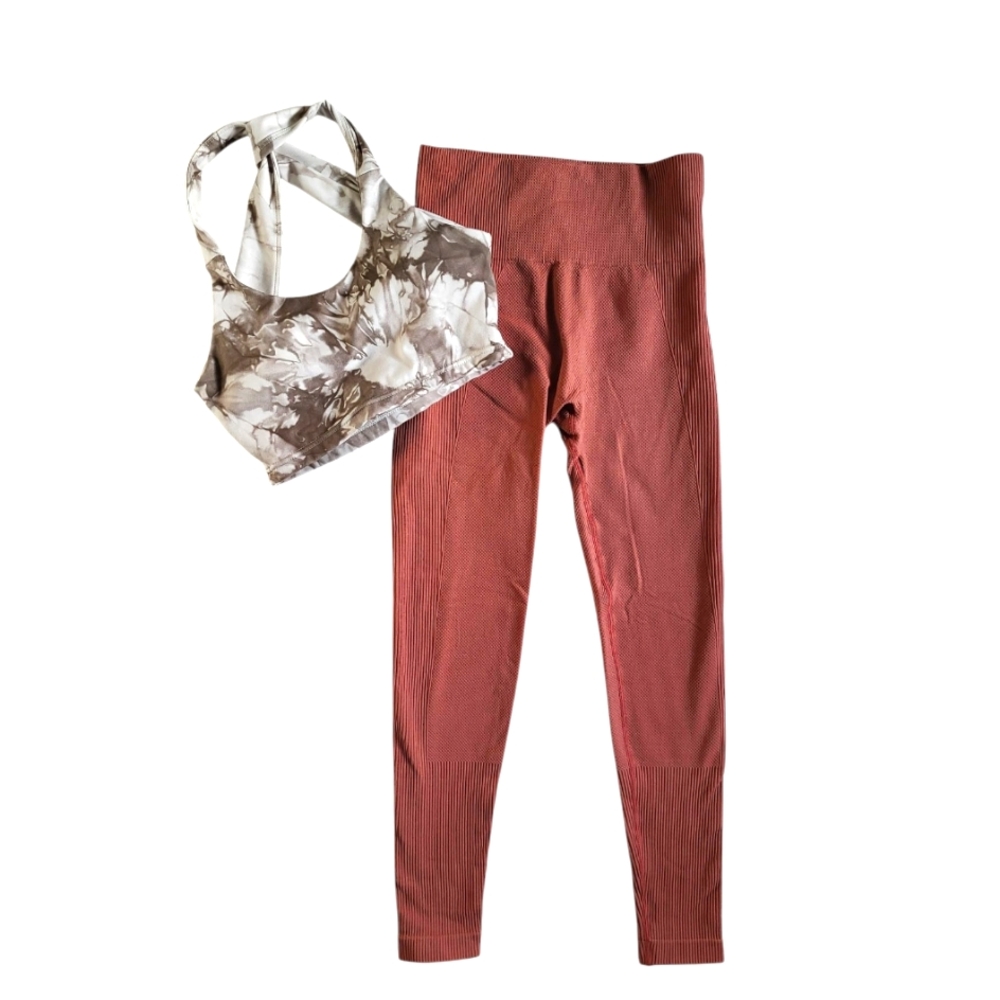 SAVVI‎ Fit Small Activewear Performance Ribbed Leggings & Bra Top 2 Pc Lot Gym